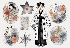 a middle-aged Japanese woman dressed in a black and white Nordic robe, wearing black slippers, surrounded by stars tattoo idea