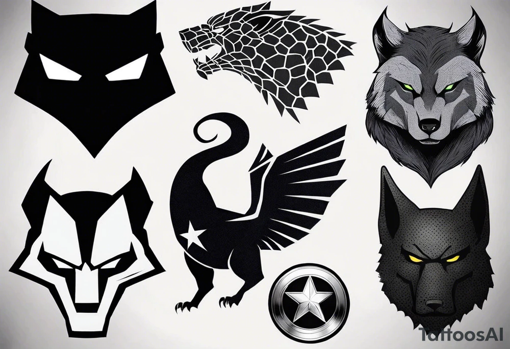 I want to change Avengers Team characters with animals. Hulk will be represented by a Badger.
Thor will be depicted as an Alpha Grey Wolf.
Captain America will be symbolized by a Bull.
Iron Man's character will be embodied by a Canary.
Black Widow's role will be portrayed by an Axolotl.
Hawkeye will be depicted as a Sudan Plated Lizard.
Nick Fury will be represented by a Cat. tattoo idea