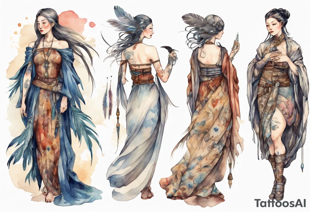 a full body medieval woman with a feather dress tattoo idea