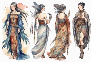 a full body medieval woman with a feather dress tattoo idea