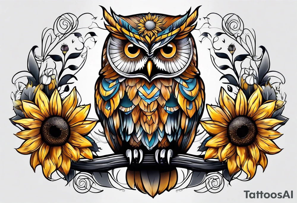 Owl with sunflower body tattoo idea