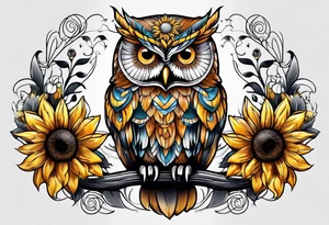 Owl with sunflower body tattoo idea