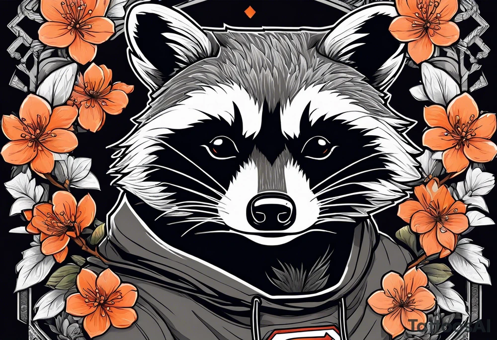 Raccoon wearing a white Superman logo on a black hoodie and orange Japanese cherry blossoms tattoo idea