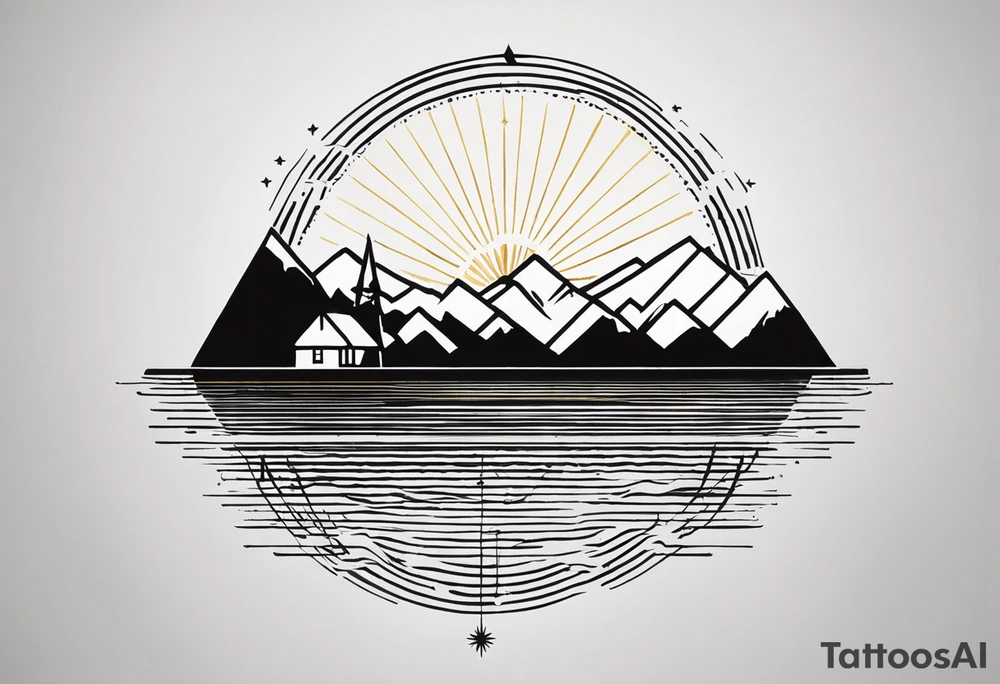 create me a tattoo that wraps around my forearm. I want this to be line work with a little realism. it should have half of the Argentine sun in line work, a portion should be the top of the congreso national de argentina, another should be argentina's national tree and then include a portion of a little house on top of a mountain looking over to more mountains of Patagonia. this should all be in black and white tattoo idea