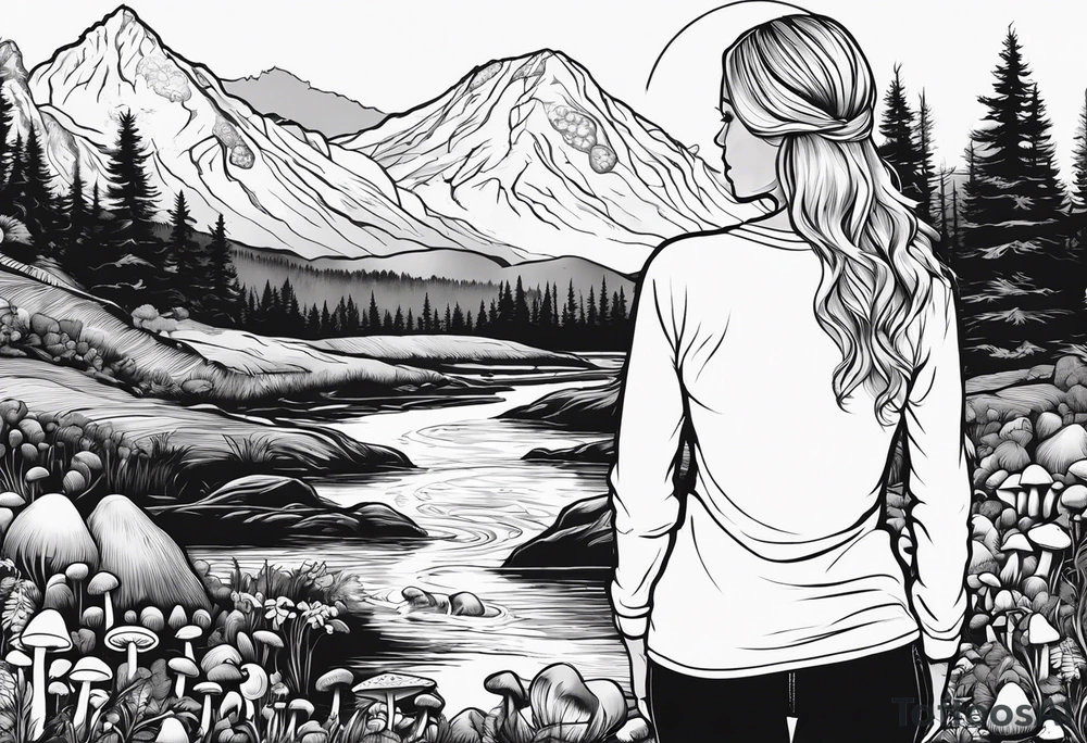Whole picture encircled fully

Straight long blonde hair hippie girl in distance holding mushrooms in hand facing away toward mountains and creek surrounded by mushrooms long sleeve shirt and hiking pants; whole rendering within a full circle, no cut off circle tattoo idea