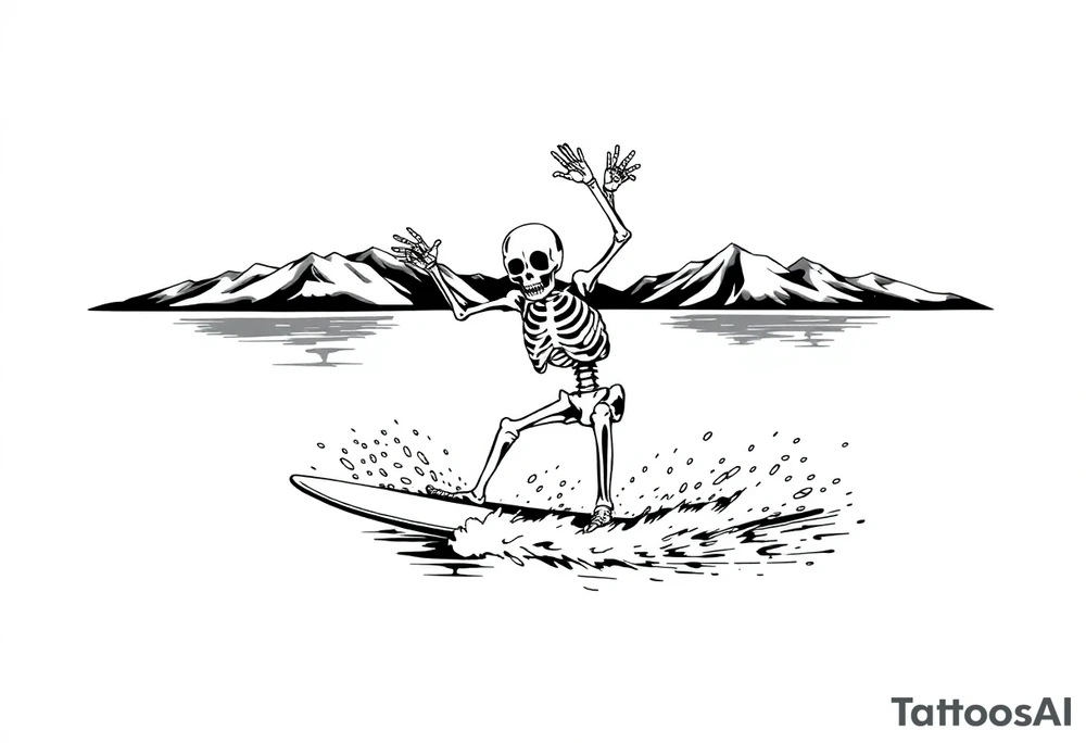 skeleton wakeboarding on lake, holding onto wakeboard handle with one hand, other hand in the air, 
mountains in the background tattoo idea