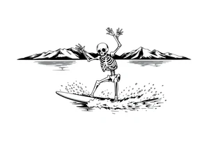 skeleton wakeboarding on lake, holding onto wakeboard handle with one hand, other hand in the air, 
mountains in the background tattoo idea