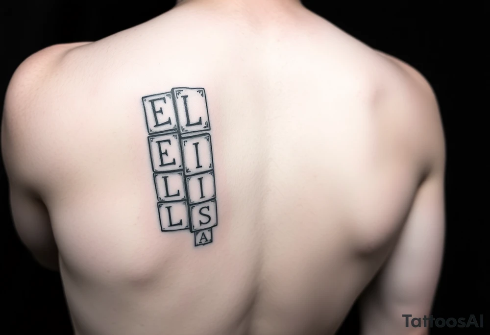 childrens blocks with ELISE on them vertically arranged on the calf tattoo idea