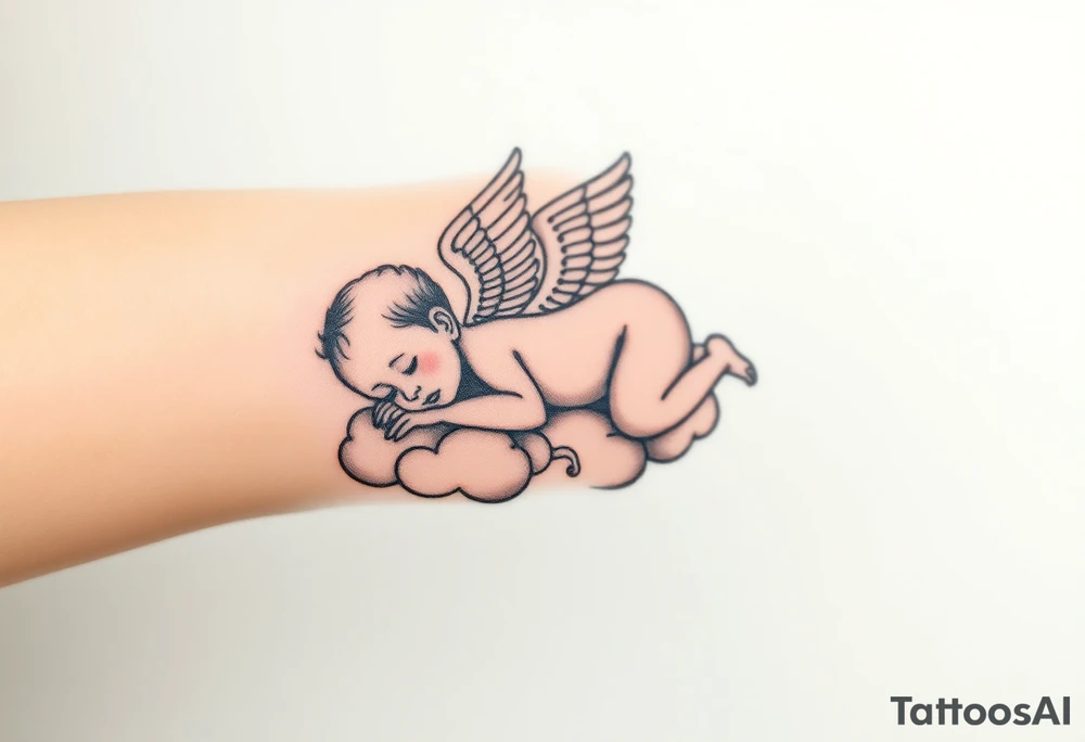 Sleeping Winged baby, laying on the clouds tattoo idea