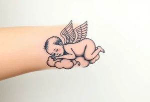 Sleeping Winged baby, laying on the clouds tattoo idea