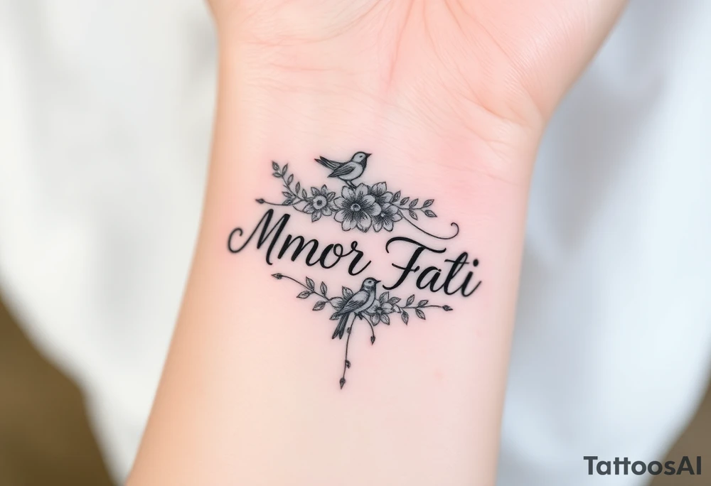 “Amor Fati” with small colorful flowers and birds tattoo idea