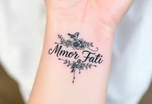 “Amor Fati” with small colorful flowers and birds tattoo idea
