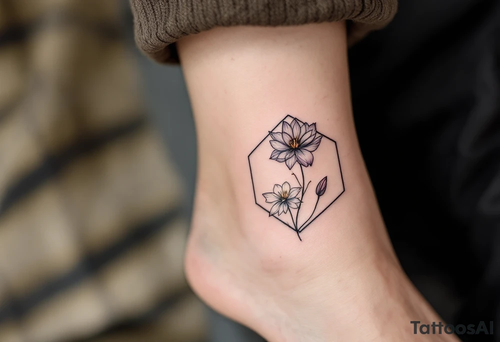 Leo, larkspur and water lily surrounded by a hexagon tattoo idea