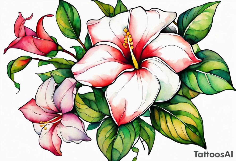 white background, abstract mandevilla flowers on a vine tattoo idea