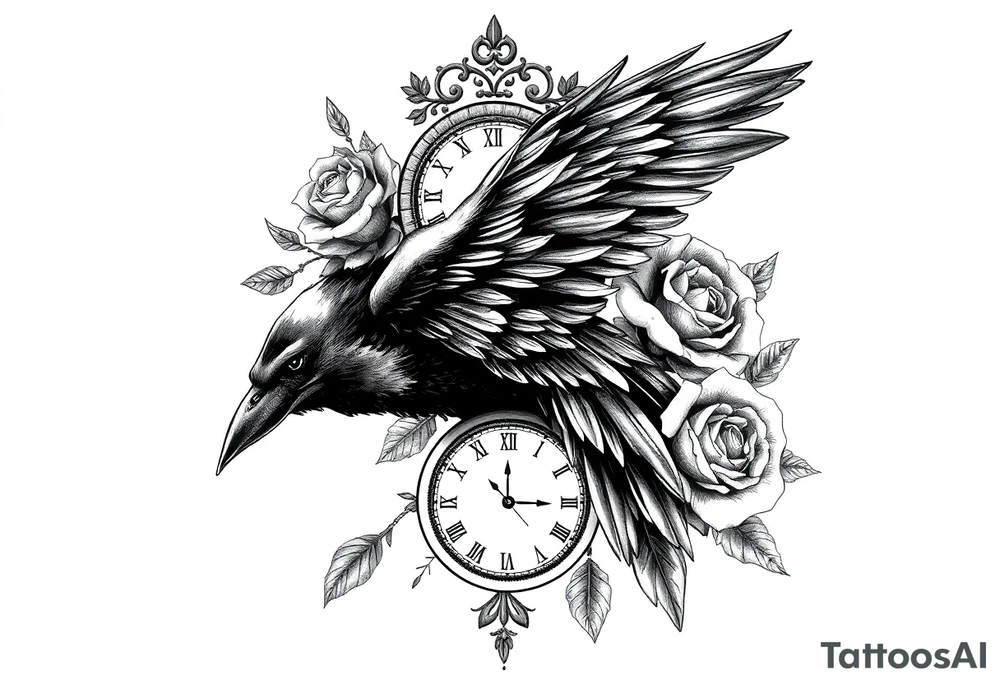 raven,roses,clock. tattoo idea
