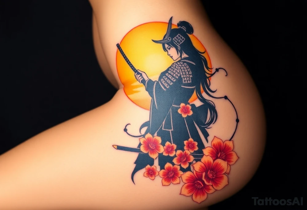 noble female samurai warrior silhouette at sunset with flowers, yellows and reds tattoo idea