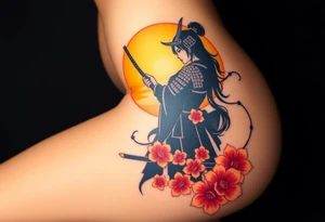 noble female samurai warrior silhouette at sunset with flowers, yellows and reds tattoo idea