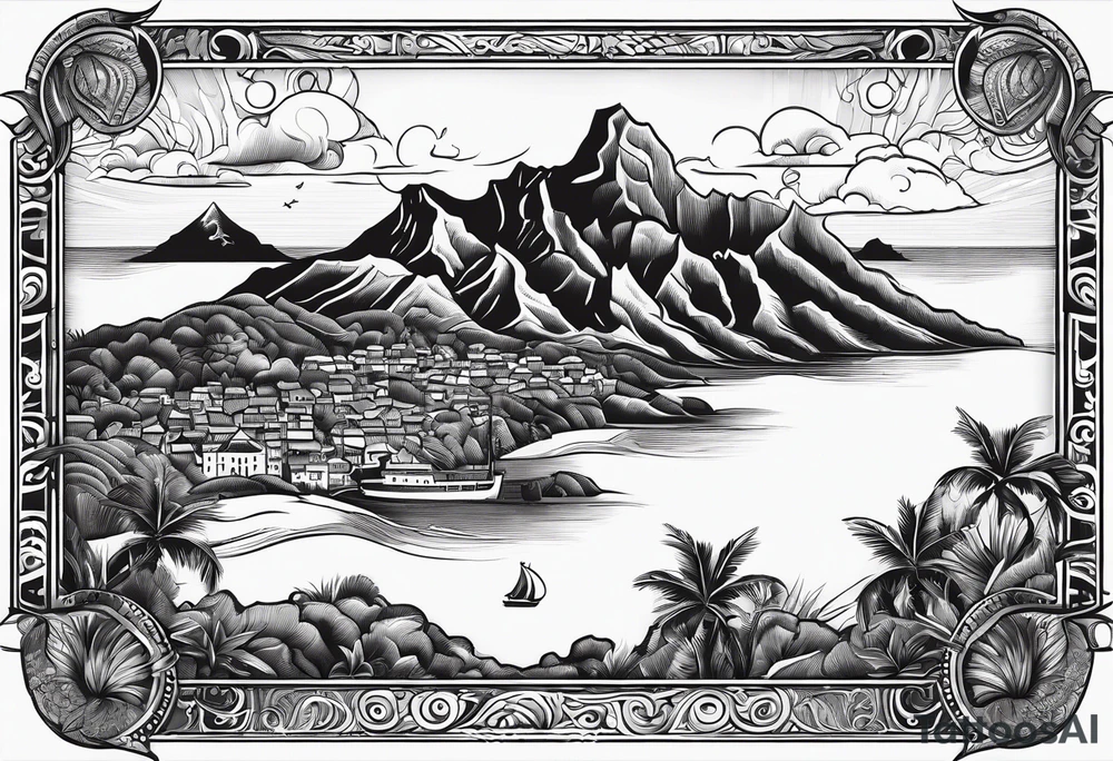 Map of the eastern Caribbean islands with an ocean view of the island mountains across the sea in the background tattoo idea