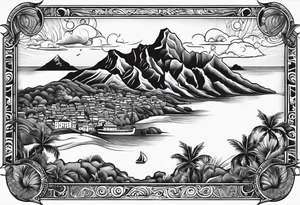 Map of the eastern Caribbean islands with an ocean view of the island mountains across the sea in the background tattoo idea