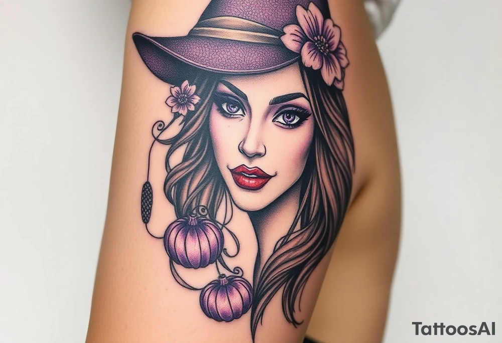 A witches portrait with purple accents and halloween ornaments tattoo idea