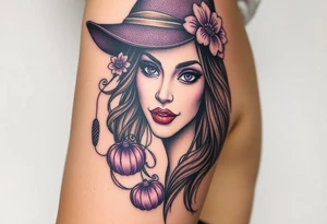 A witches portrait with purple accents and halloween ornaments tattoo idea