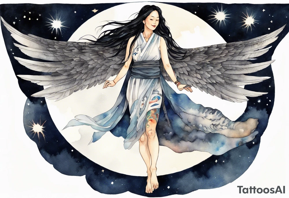 a beautiful 55 year old Dakota woman wearing a tunic, flying in the night sky with black wings, bare feet tattoo idea