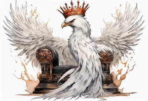 a white phoenix wearing rusty iron crown, perched on a throne tattoo idea