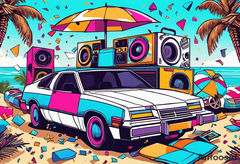 1980's style dance party with boom box and confetti in a beach theme. do not include cars tattoo idea