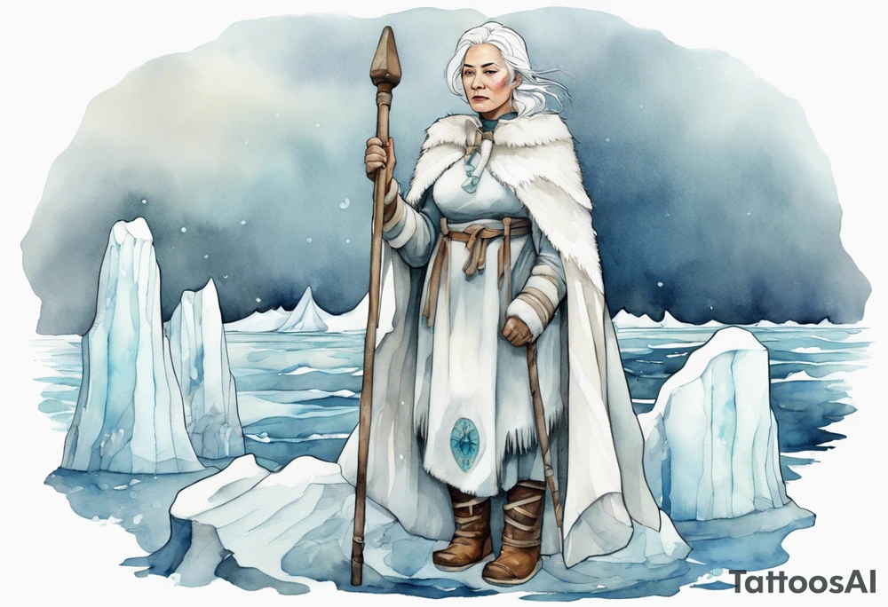 a middle aged Inuit woman with white hair, wearing mittens, wearing a white cloak, holding a white staff, wearing mukluks, standing on an iceberg in the sea tattoo idea