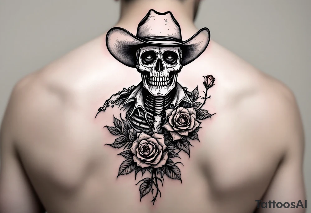 skeleton cowboy with rose in teeth tattoo idea