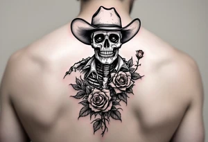 skeleton cowboy with rose in teeth tattoo idea