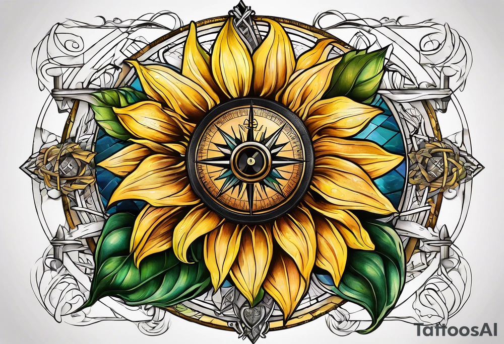 Sunflower and a compass, with the words "To Thine Own Self Be True" tattoo idea