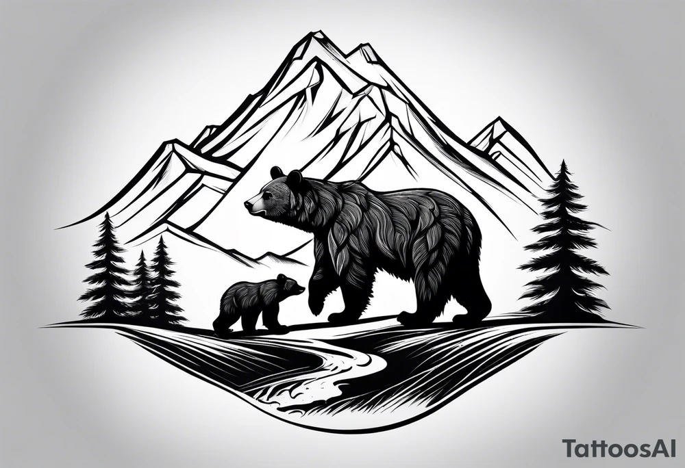 mamma bear and cub with mountains tattoo idea