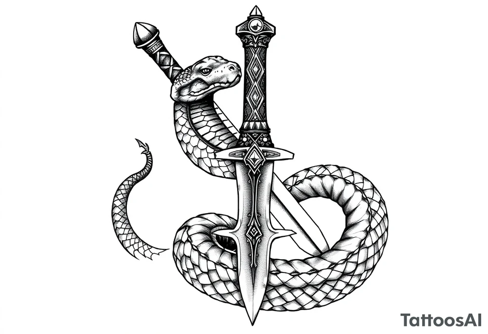 mystical snake coiled around an ancient dagger with jeweled hilt tattoo idea