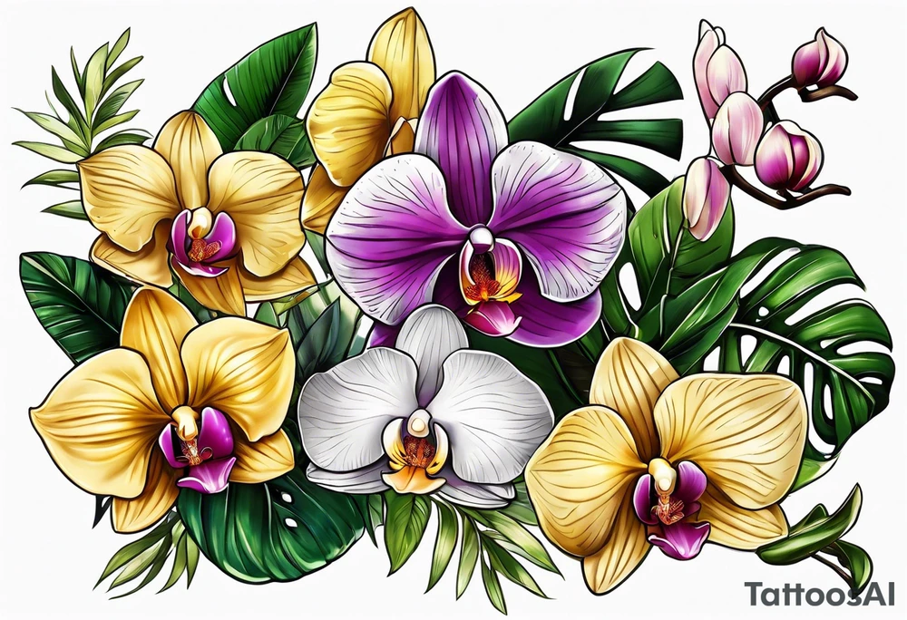 Tropical plants and orchids sleeve tattoo idea