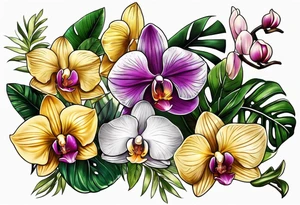 Tropical plants and orchids sleeve tattoo idea