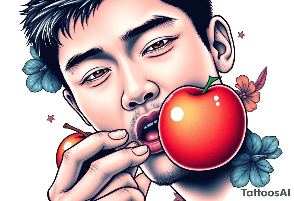 Handsome Asian young guy tasting an apple tattoo idea