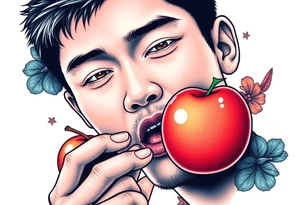 Handsome Asian young guy tasting an apple tattoo idea