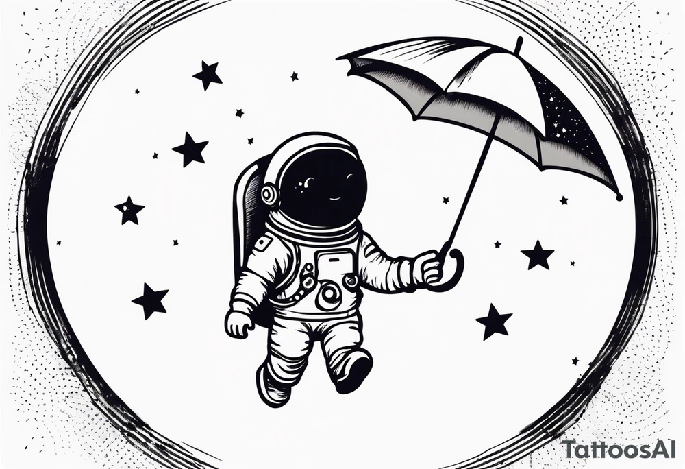 floating astronaut, with stars for eyes, holding an umbrella, with a blank speech bubble tattoo idea