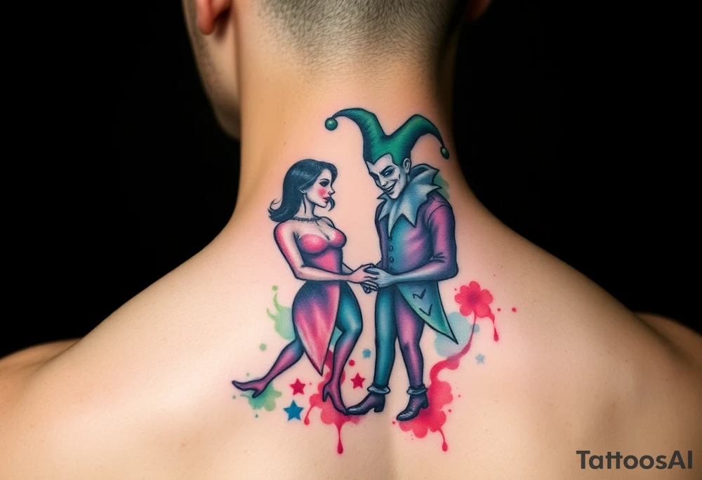 a toxic jester couple holding each other tattoo idea