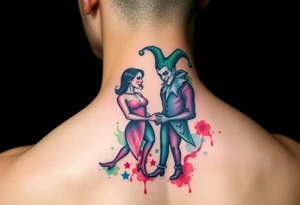 a toxic jester couple holding each other tattoo idea