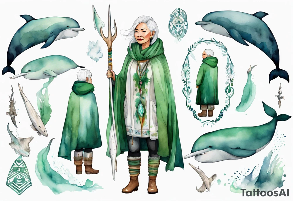 a 45-year-old Inuit woman with white  hair wearing a white and green cloak with a large narwhal tattoo idea