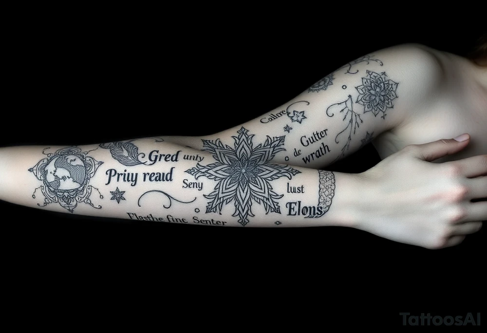 powerful sexy seven deadly sins with words greed, pride, gluttony, wrath, lust, sloth and envy, with a darkness kind of feeling tattoo idea