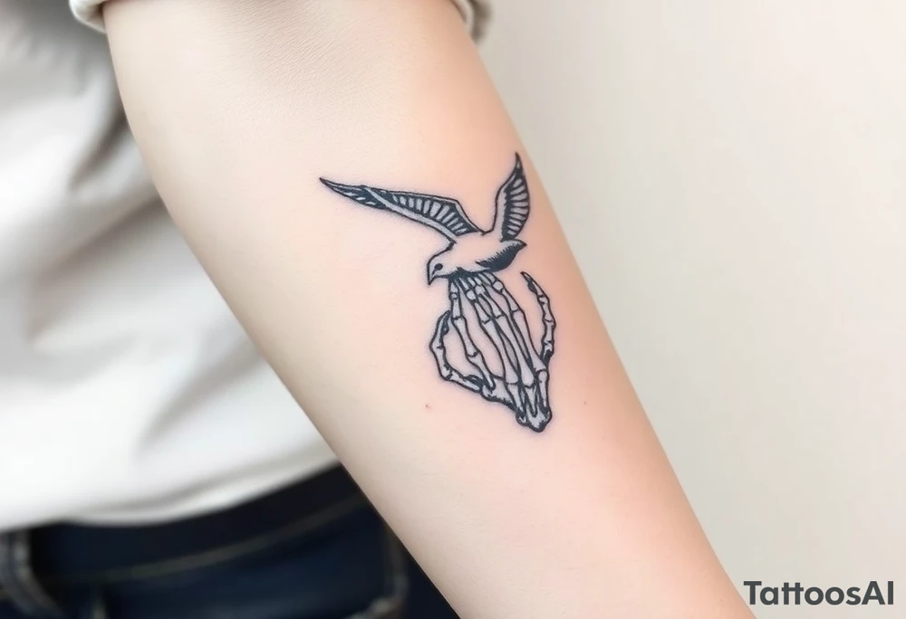 Skeleton hand reaching out of the ocean for a flying swallow tattoo idea