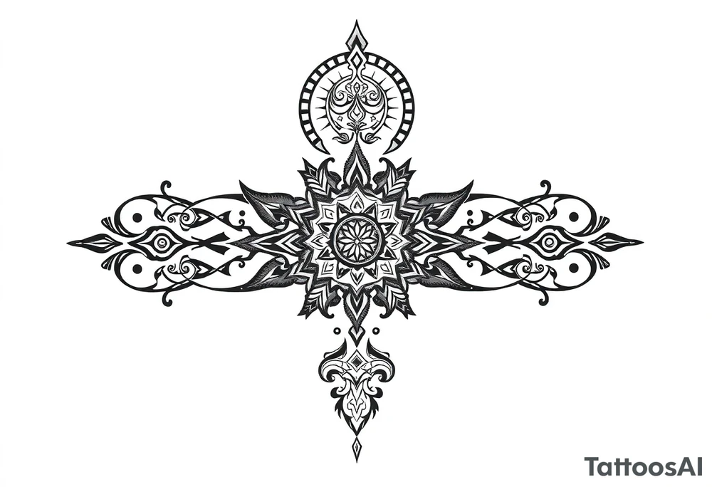 mystical long ornament tattoo with shaman and witch style and ancient rhyme tattoo idea