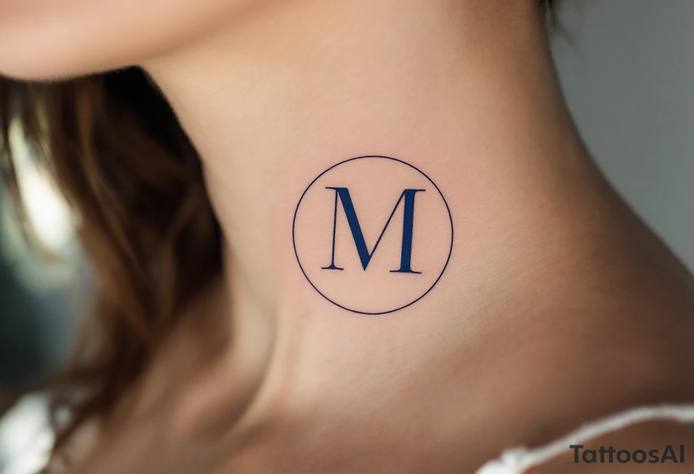 An elegant serif "M" in midnight blue, placed within a fine circular frame. tattoo idea