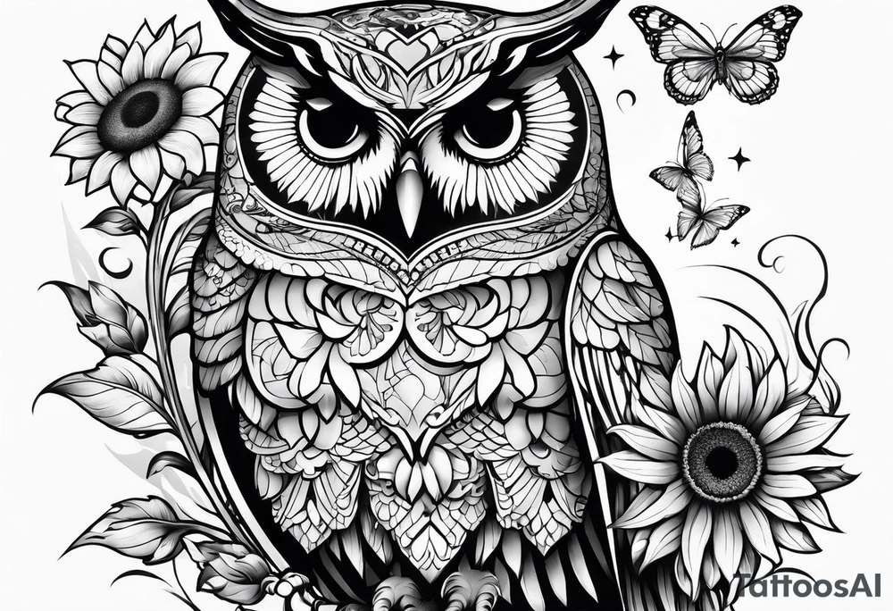 Sleeve with an owl, sunflower and butterfly tattoo idea