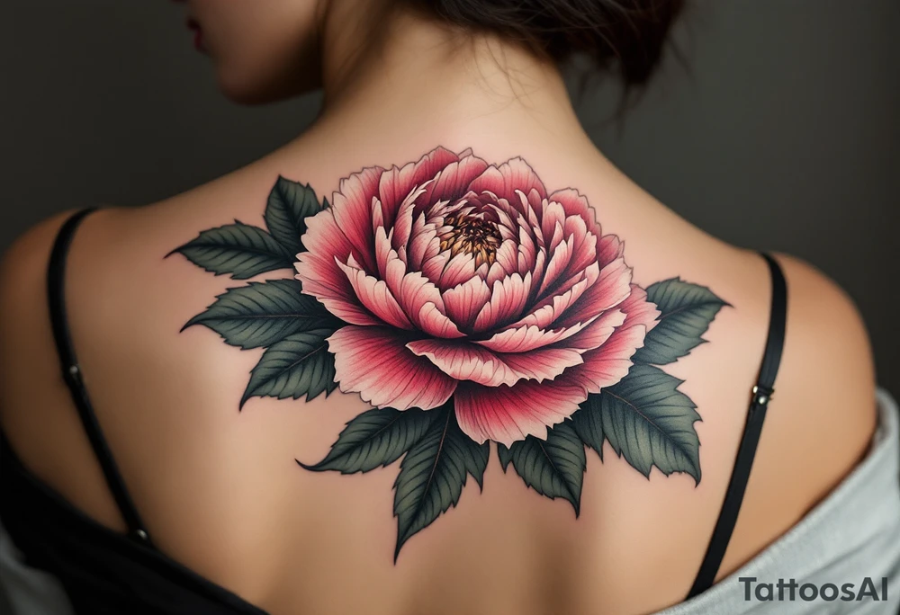 ChatGPT řekl:
A vibrant peony tattoo featuring lush, layered petals in deep crimson and soft blush pink, with dark green leaves edged in black for bold contrast and subtle white highlights to add depth and realism. tattoo idea