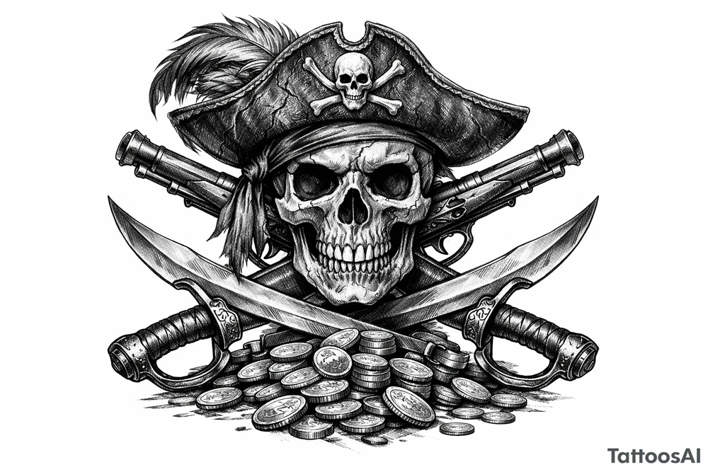 Black and grey skull with pirate hat, crossed flintlock pistols, sabers, and scattered gold coins. tattoo idea