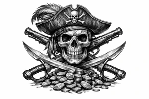 Black and grey skull with pirate hat, crossed flintlock pistols, sabers, and scattered gold coins. tattoo idea